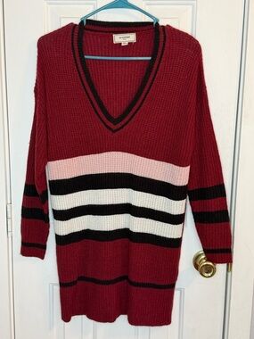 V-Neck, Long, Red Striped Women's Sweater, Size Small